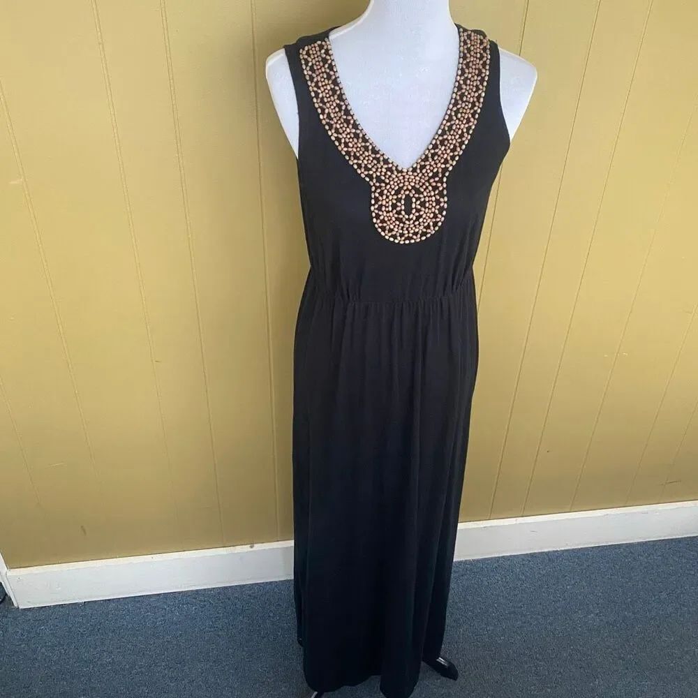 Sonoma women M cotton blend v-cut maxi dress w/wooden beading & side slits black - Picture 2 of 10